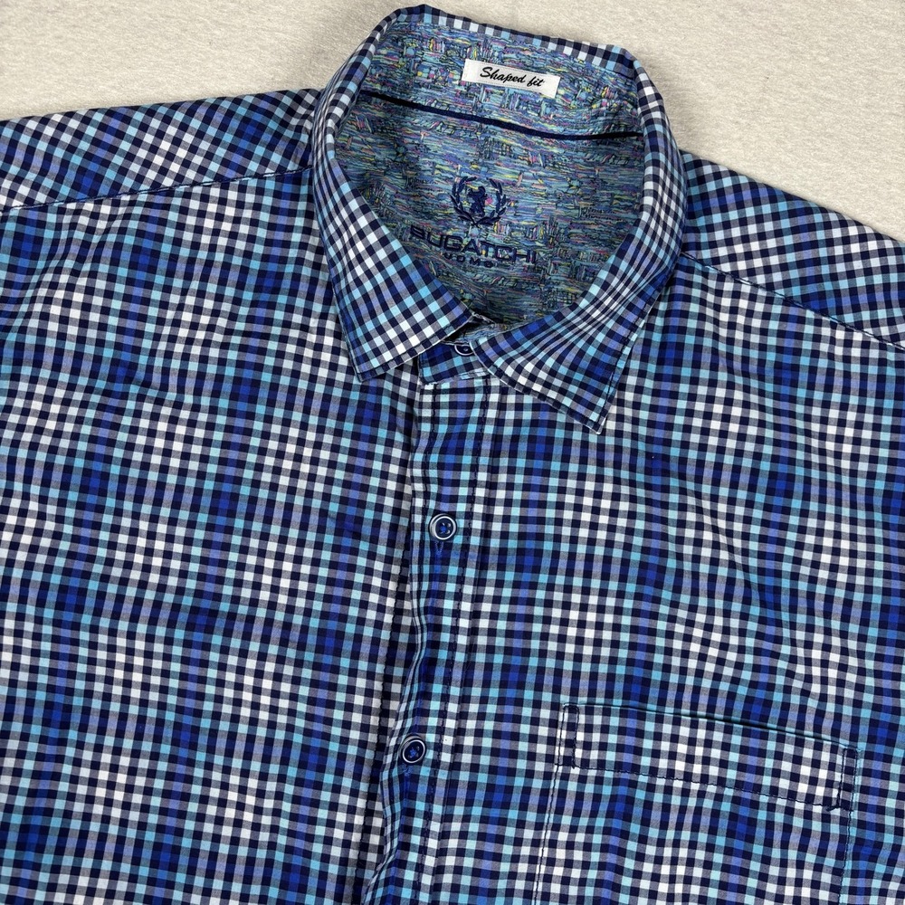 Bugatchi Uomo Shirt Mens XL‎ Blue Check Shaped Fit Short Sleeve Button Front